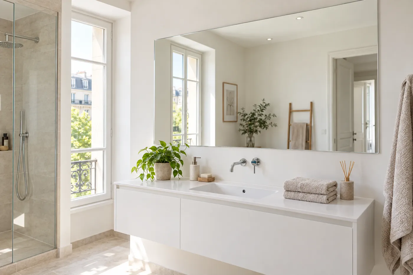 Grand miroir sur mesure sans cadre posé au-dessus d'un meuble vasque