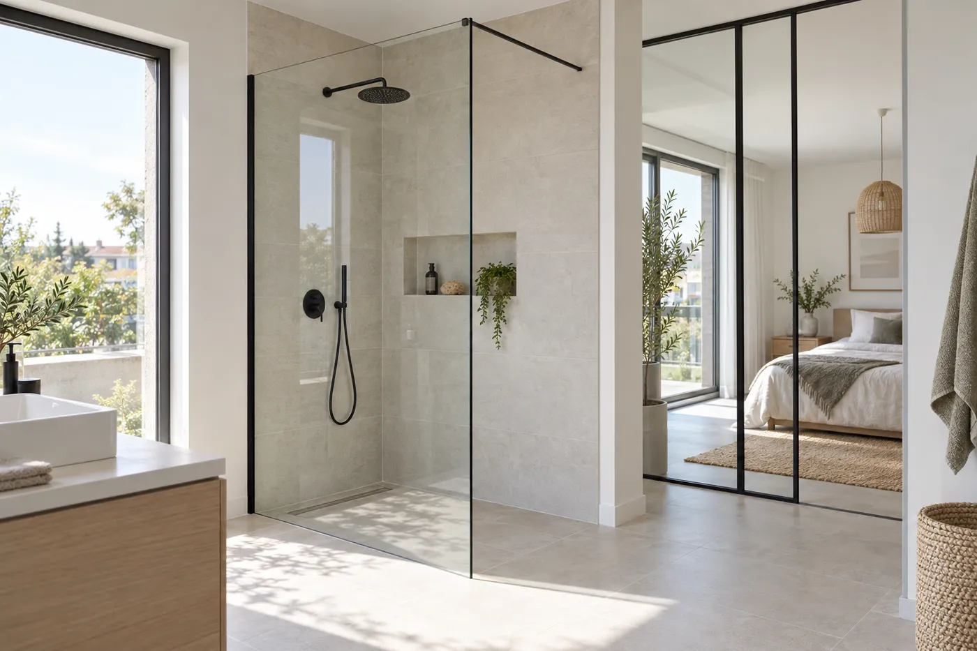Paroi de douche en verre clair à profil noir dans une salle de bains lumineuse