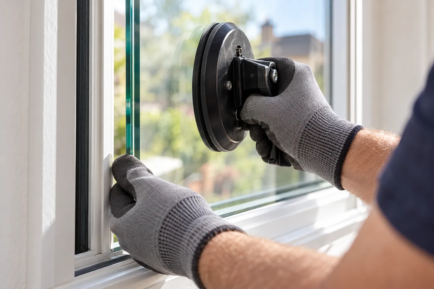Mains gantées posant une vitre neuve avec une ventouse dans le cadre d'une fenêtre