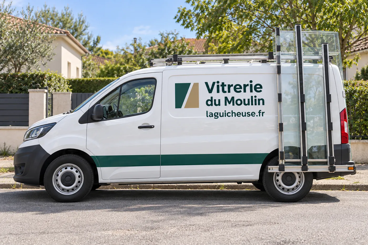 Utilitaire blanc Vitrerie du Moulin siglé laguicheuse.fr, avec porte-verre, garé dans une rue résidentielle