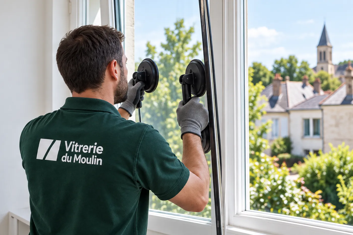 Vitrier en polo Vitrerie du Moulin posant une vitre avec des ventouses dans une fenêtre ouverte