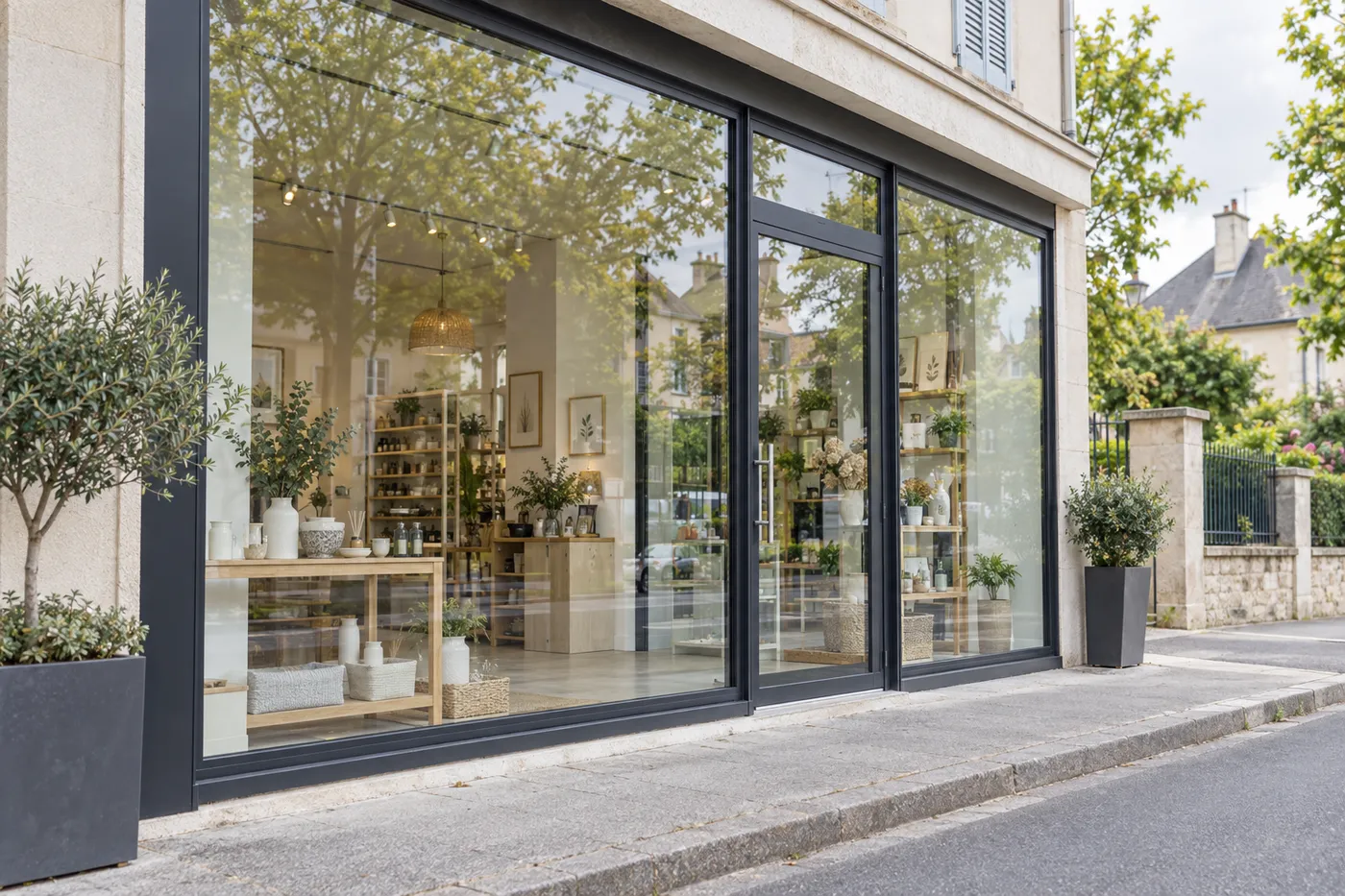 Vitrine de commerce en verre clair sur une rue calme